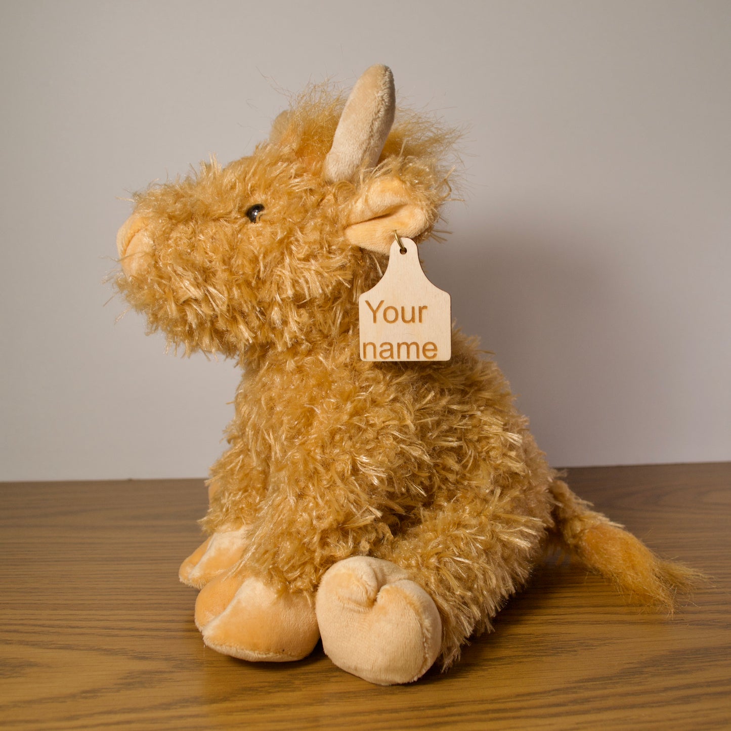 Personalized Brown Curly Highland Cow with Cow Tag