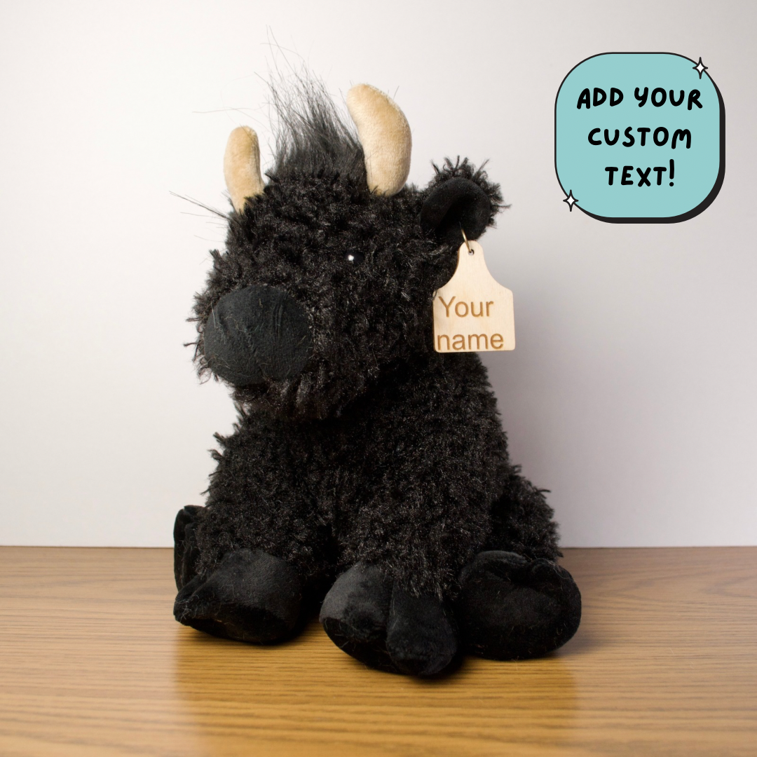 Personalized Black Curly Highland Cow with Cow Tag