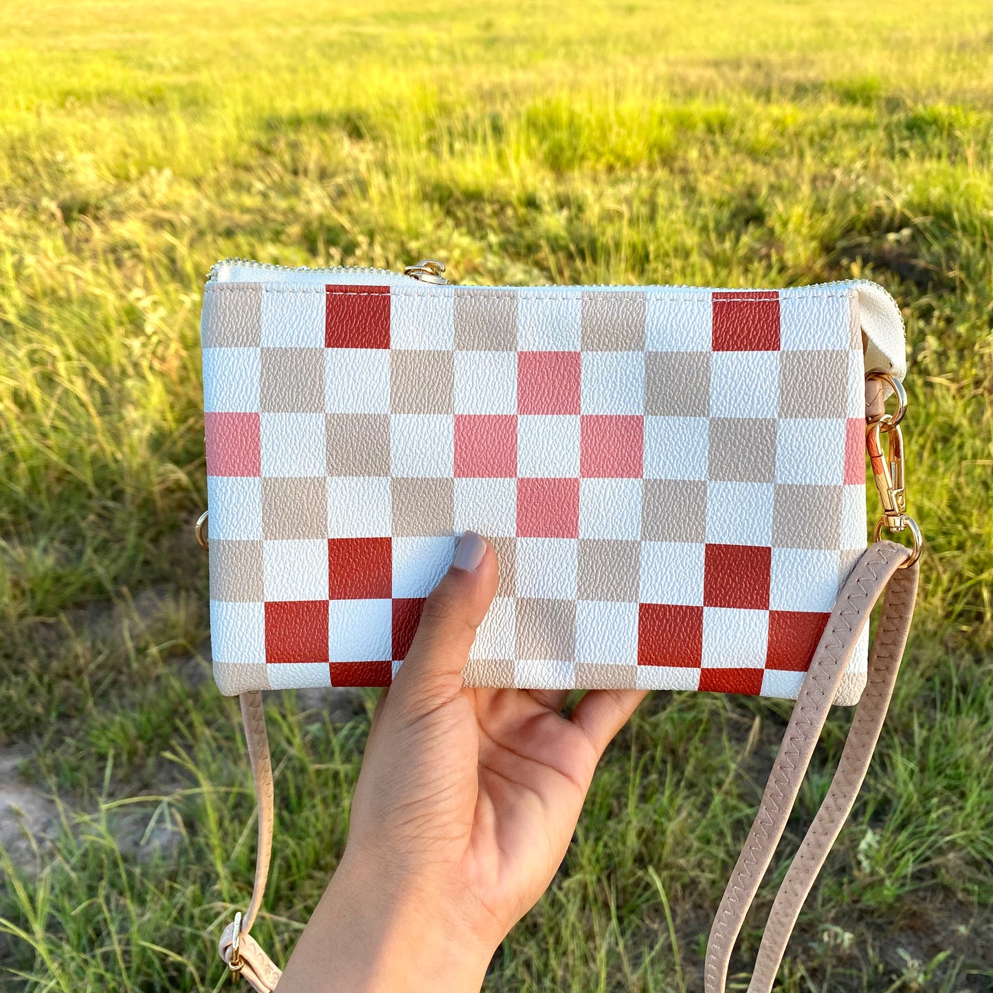 Beige Checkered Wristlet/Crossbody