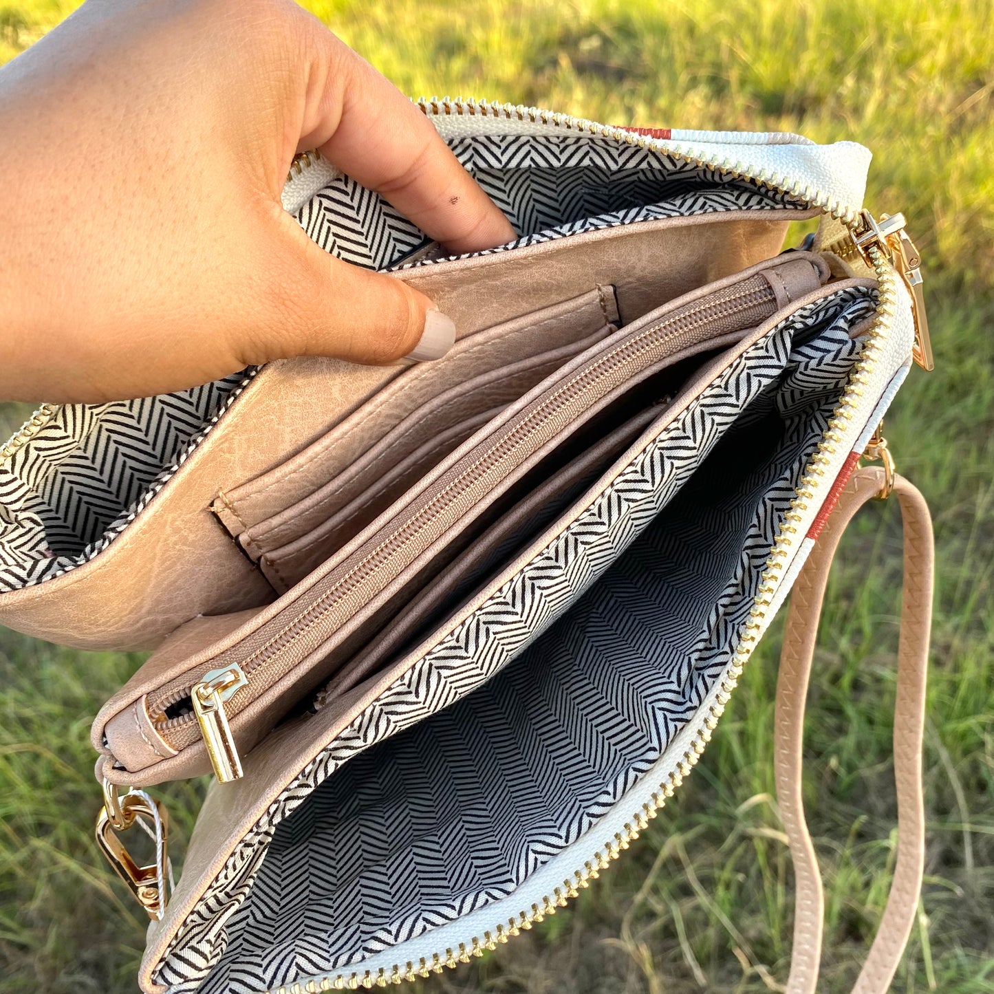 Beige Checkered Wristlet/Crossbody