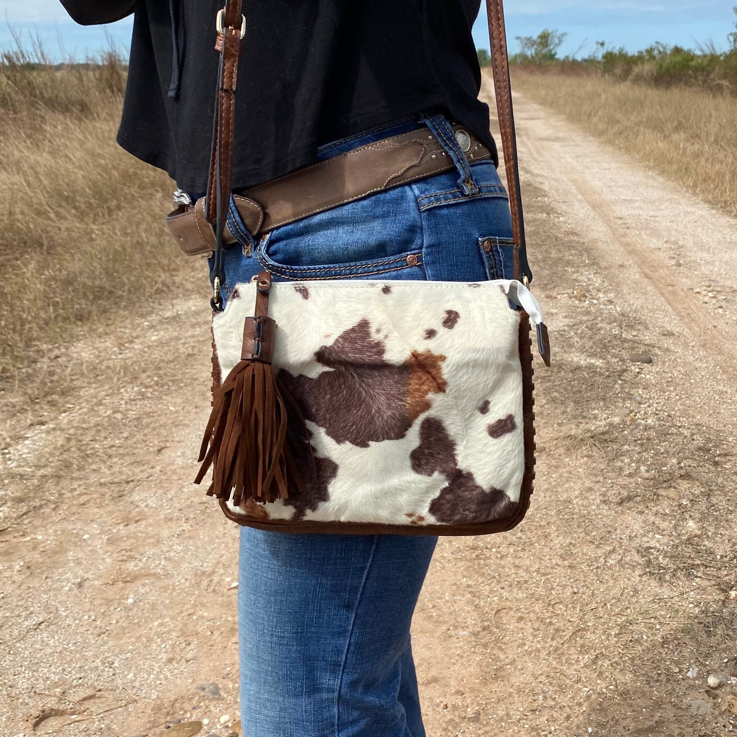 3 -Compartment Soft Cow Print Crossbody Purse