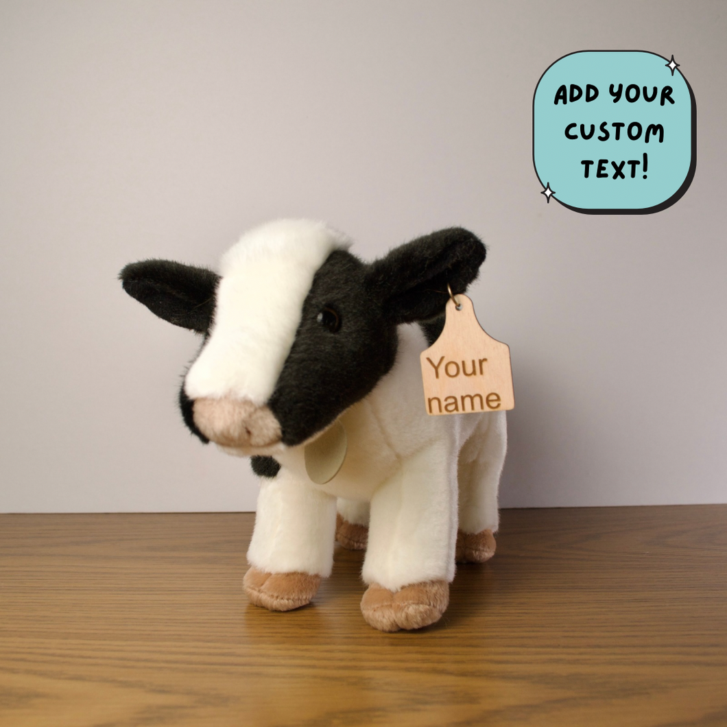 Personalized Standing Holstein cow plush with cow tag