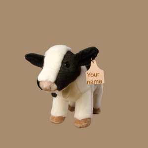 Personalized Standing Holstein cow plush with cow tag