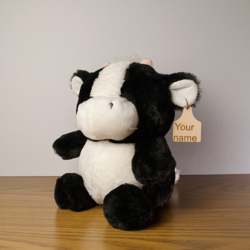 Personalized Sitting Holstein Cow Plush With Cow Tag