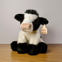 Load image into Gallery viewer, Personalized Holstein Cow Plush with cow tag
