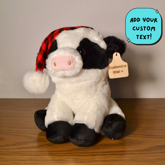 Personalized Santa Hat Holstein Cow Plush With Cow Tag