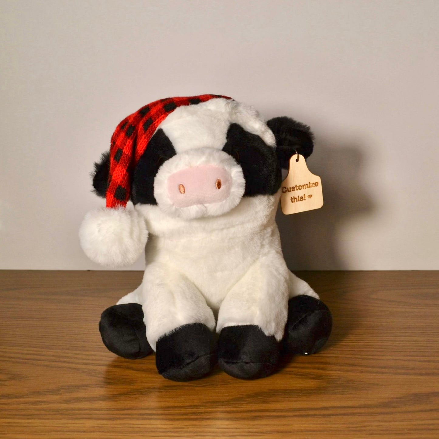 Personalized Santa Hat Holstein Cow Plush With Cow Tag