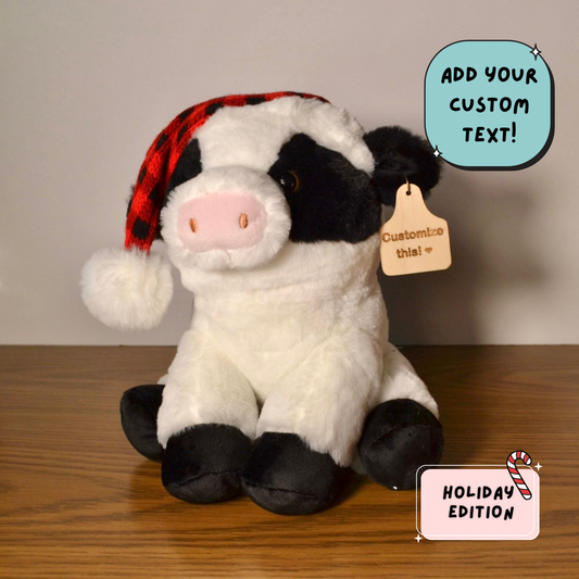 Personalized Santa Hat Holstein Cow Plush With Cow Tag