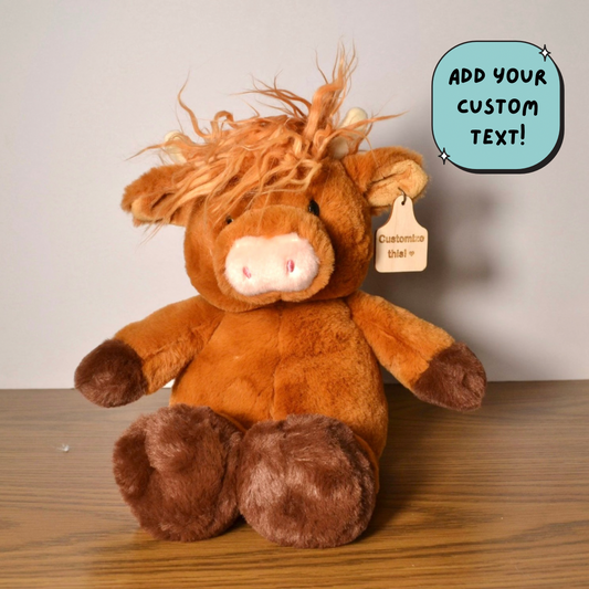 Personalized Sitting Highland Cow Plush With Cow Tag