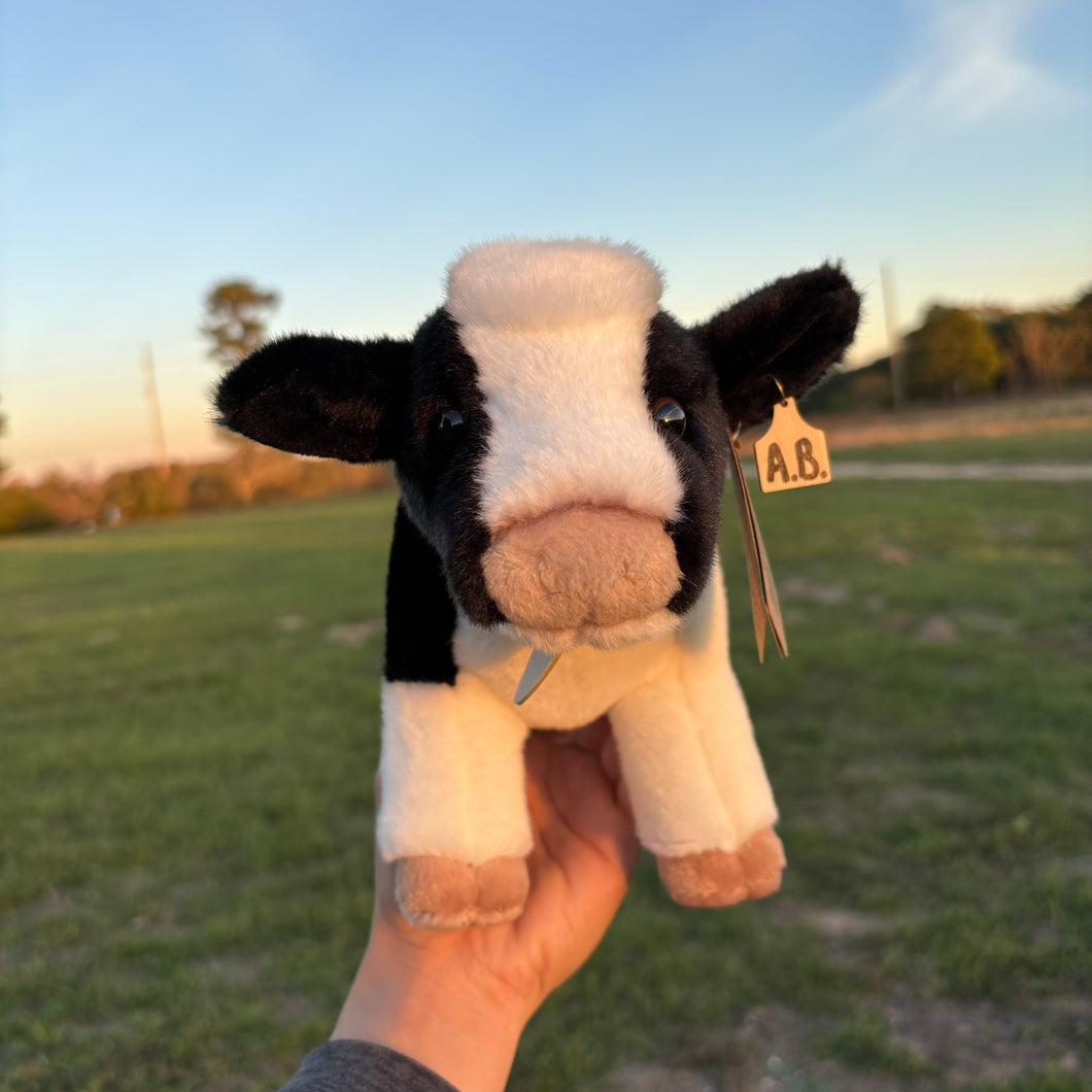 Personalized Standing Holstein cow plush with cow tag