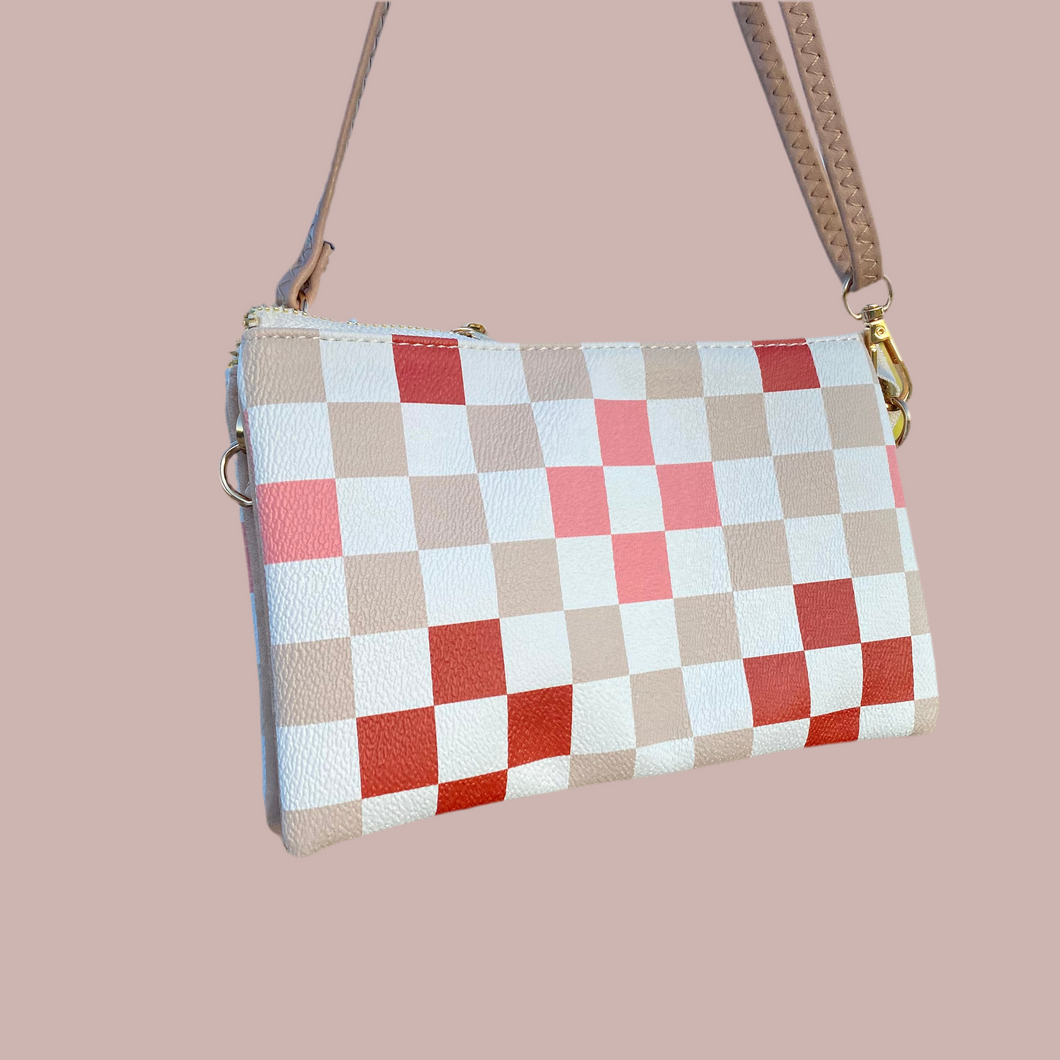 Beige Checkered Wristlet/Crossbody