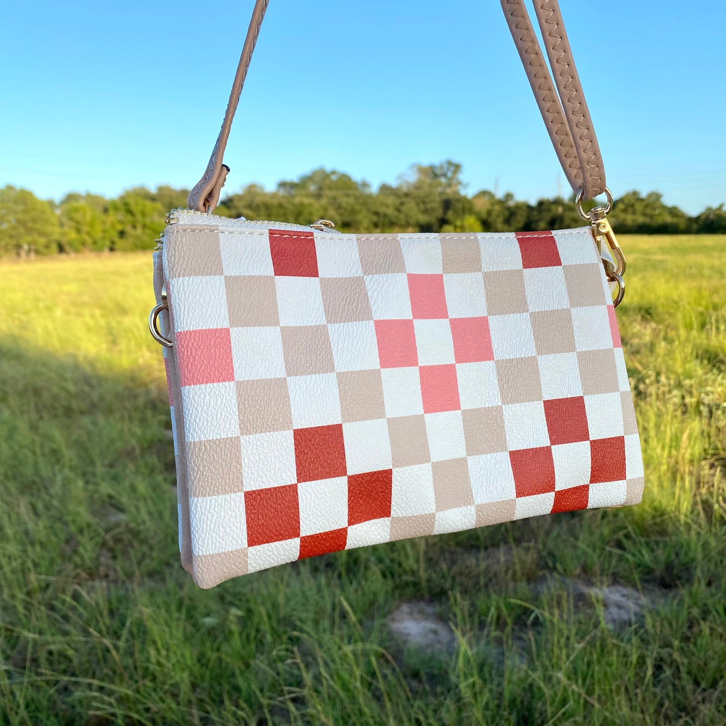 Beige Checkered Wristlet/Crossbody